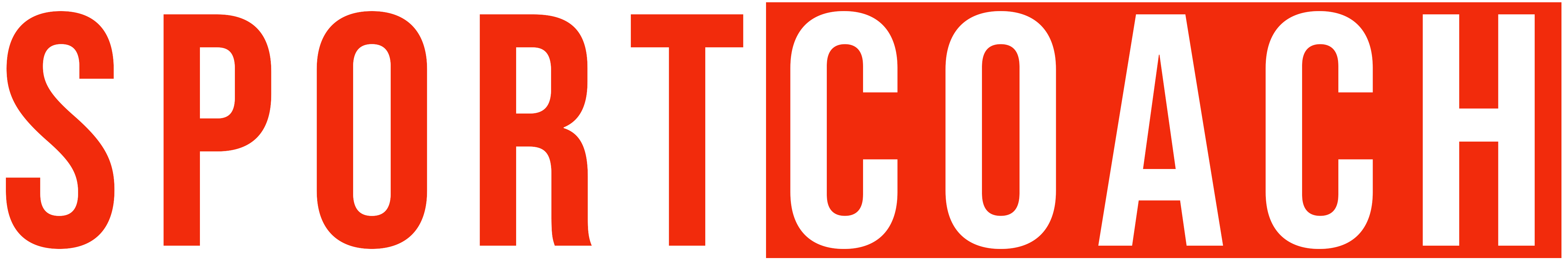 The SportCoach logo showing the first half as the word SPORT in red text and transparent background and then the second half showing the word COACH in white text with a red background.